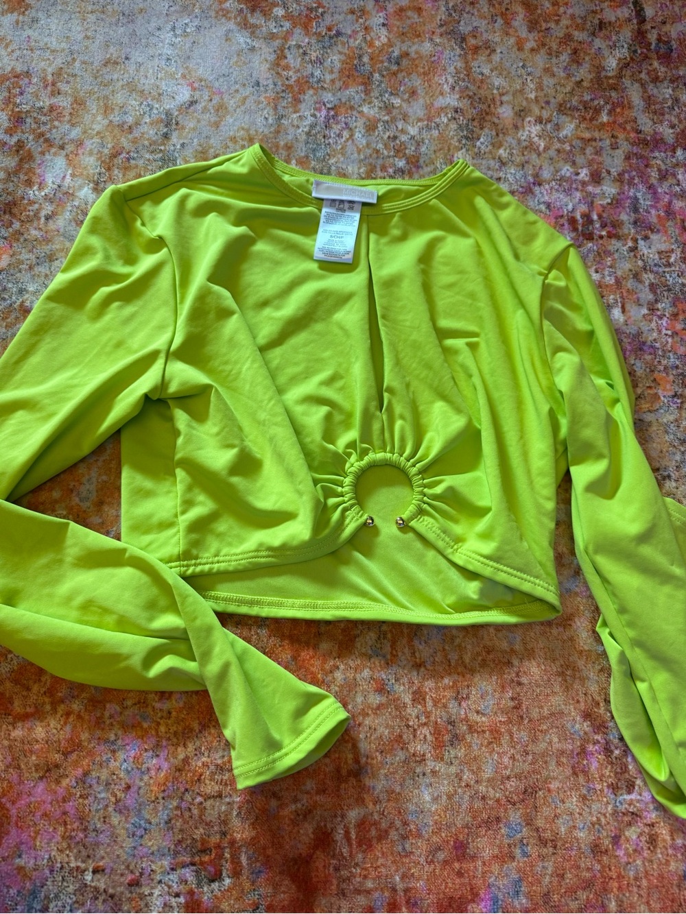 Michael Kors Neon Green Long-Sleeve Crop Top with Ring Detail
